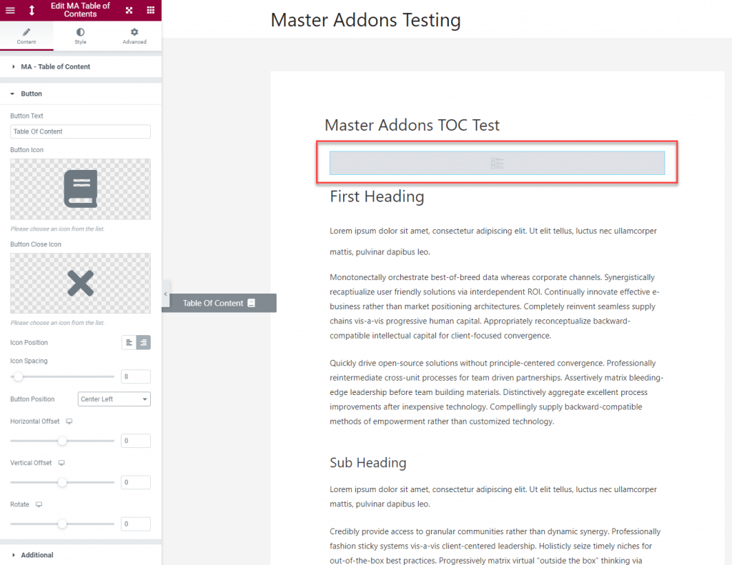 Master Addons Table Of Contents