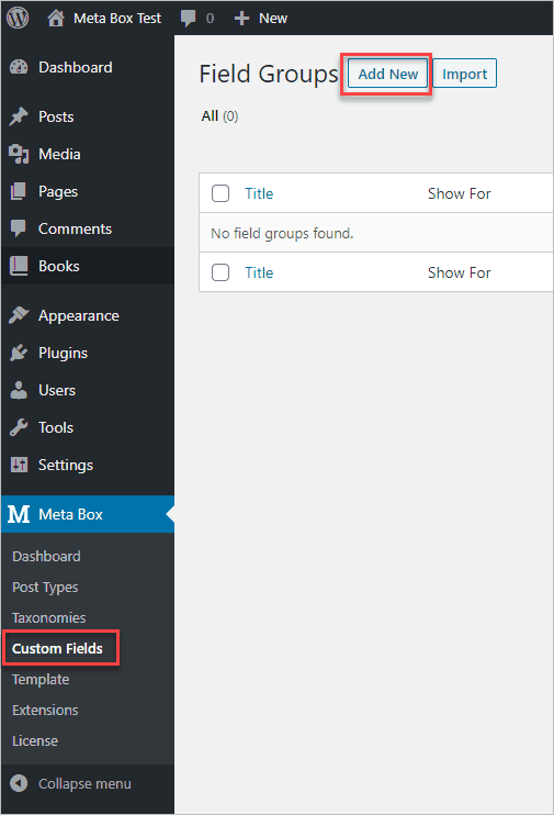 Meta Box Custom Fields Creation Screen