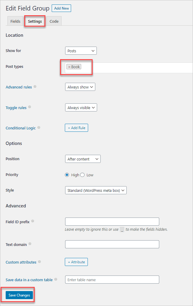Meta Box Custom Fields Settings Screen