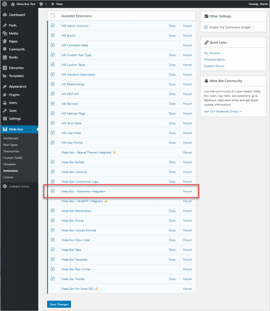 Meta Box Elementor Support Enabled