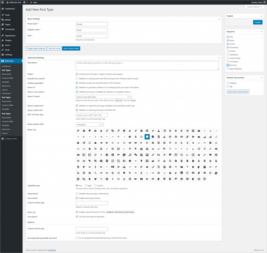 Meta Box Post Type Creation Screen