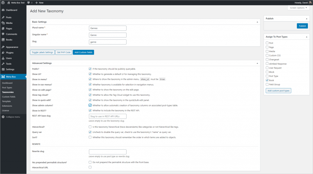 Meta Box Taxonomy Creation Screen