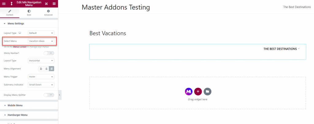 New Page With Nav Widget Added