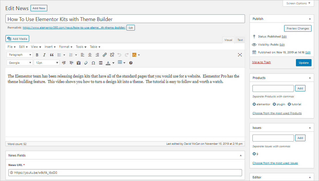 single news item in the editor