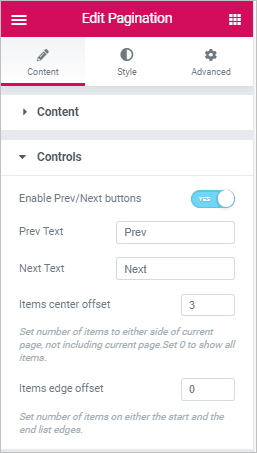 pagination options - controls
