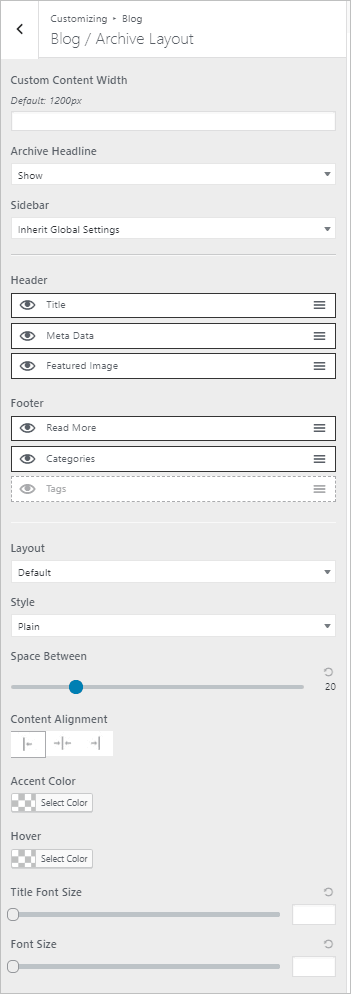 page builder framework archive layout options