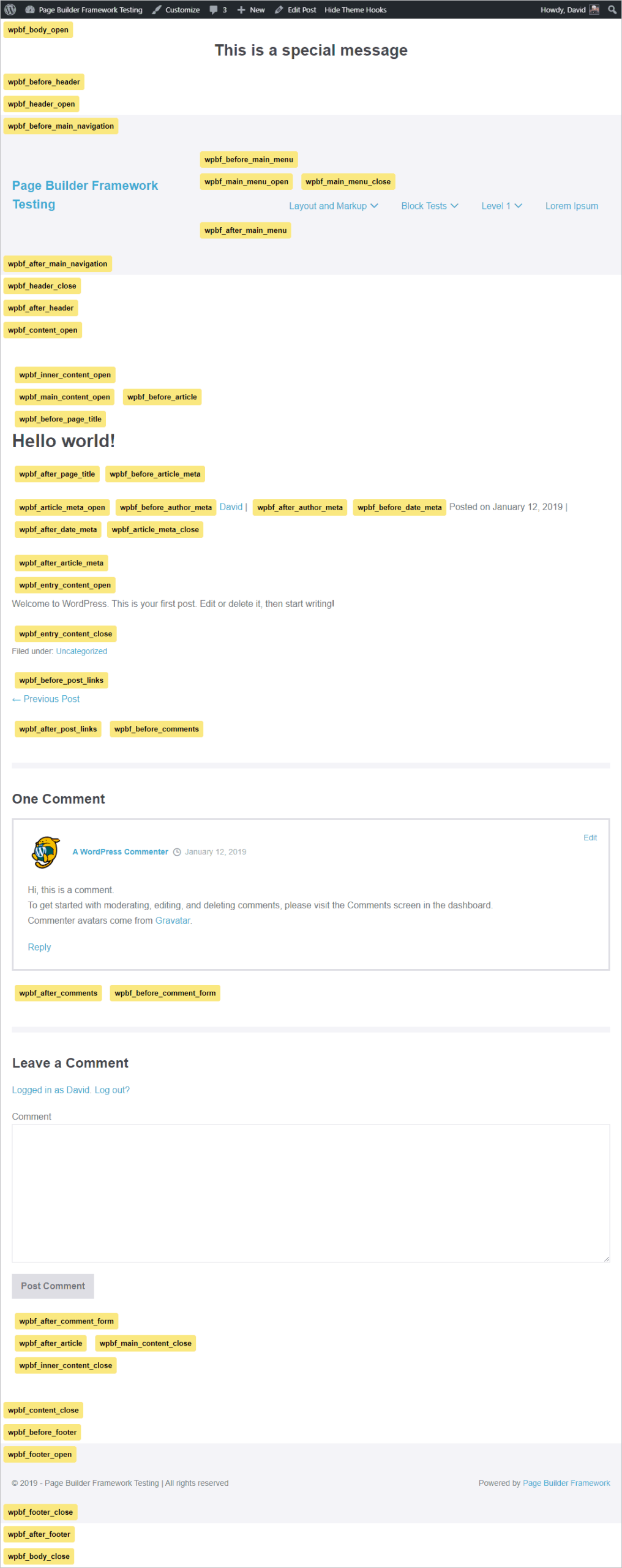 page builder framework - show hook locations