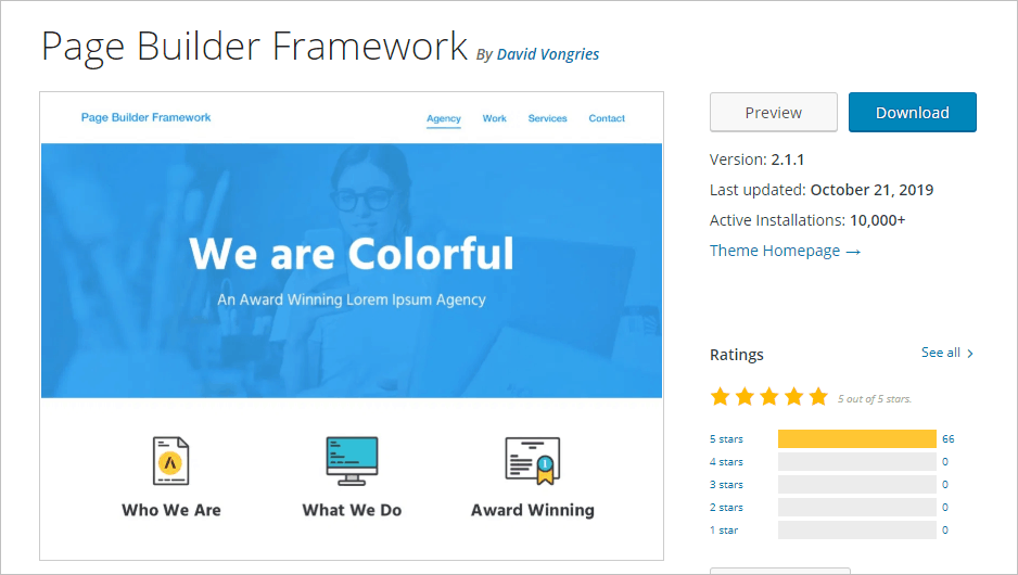 page builder framework on the wordpress theme directory