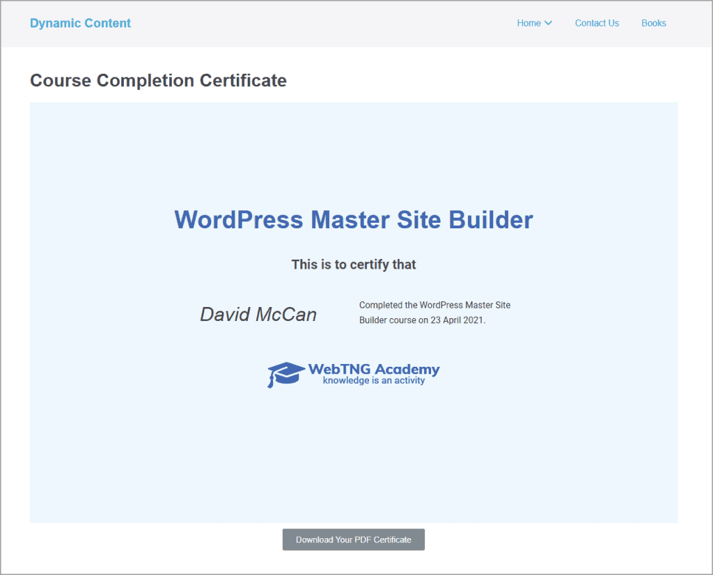 the certificate page