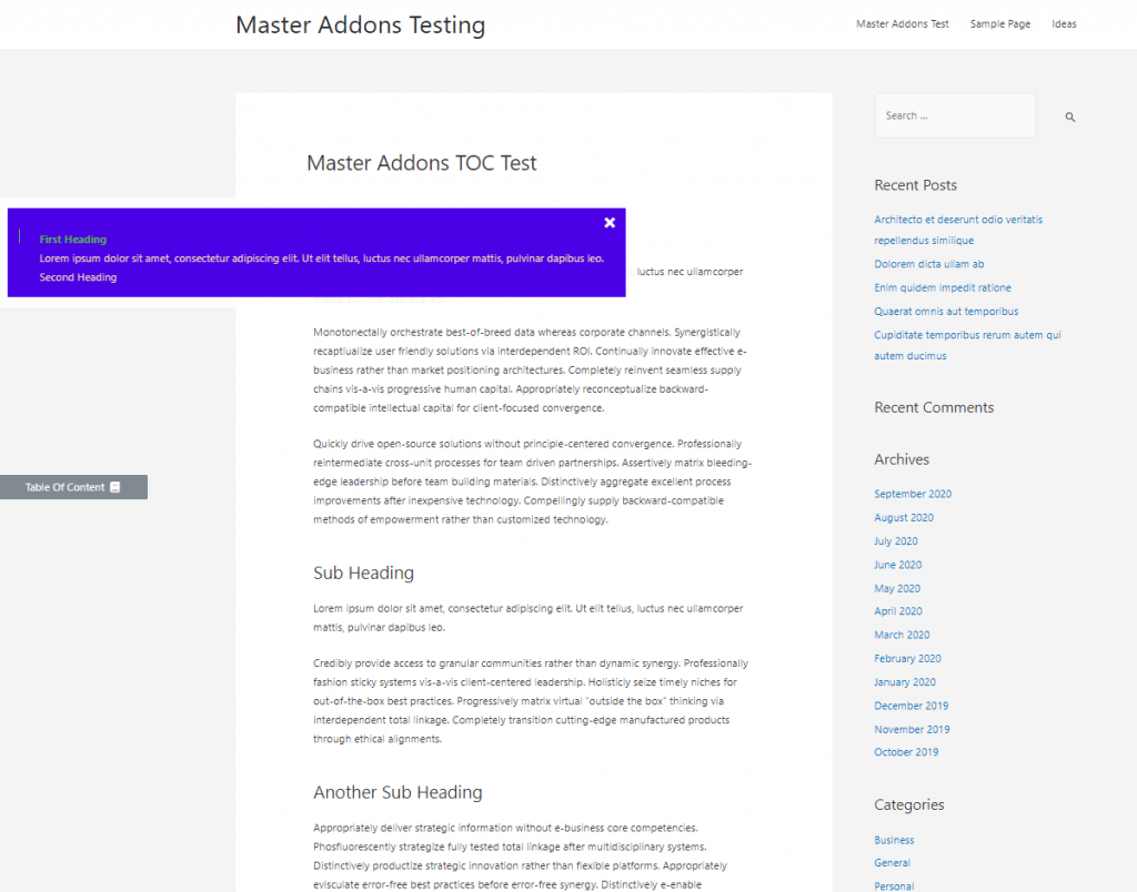 Toc On An Elementor Page