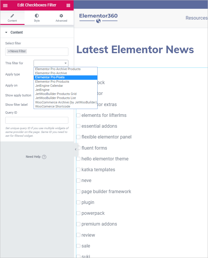 type of widget to use filter with