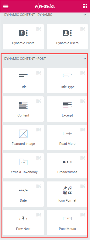list of widgets for dynamic post content